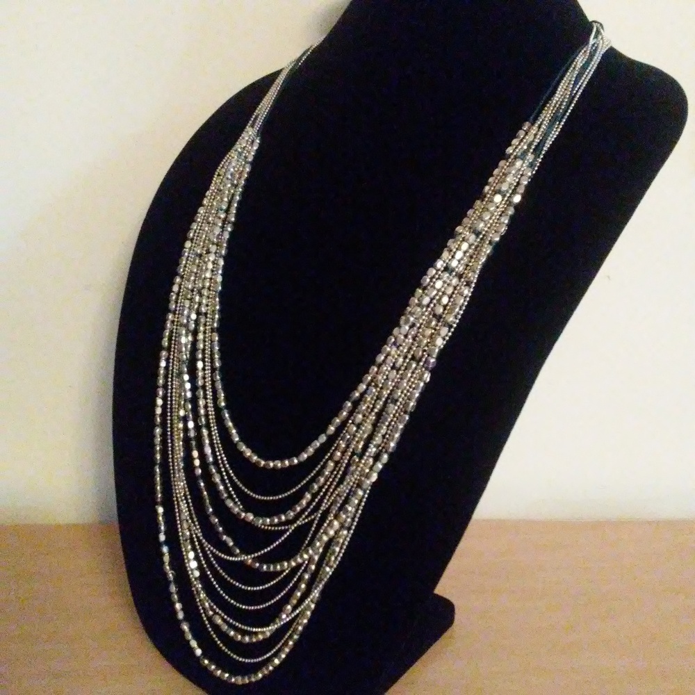 Long multi-layer Silver Necklace with Blue Accents